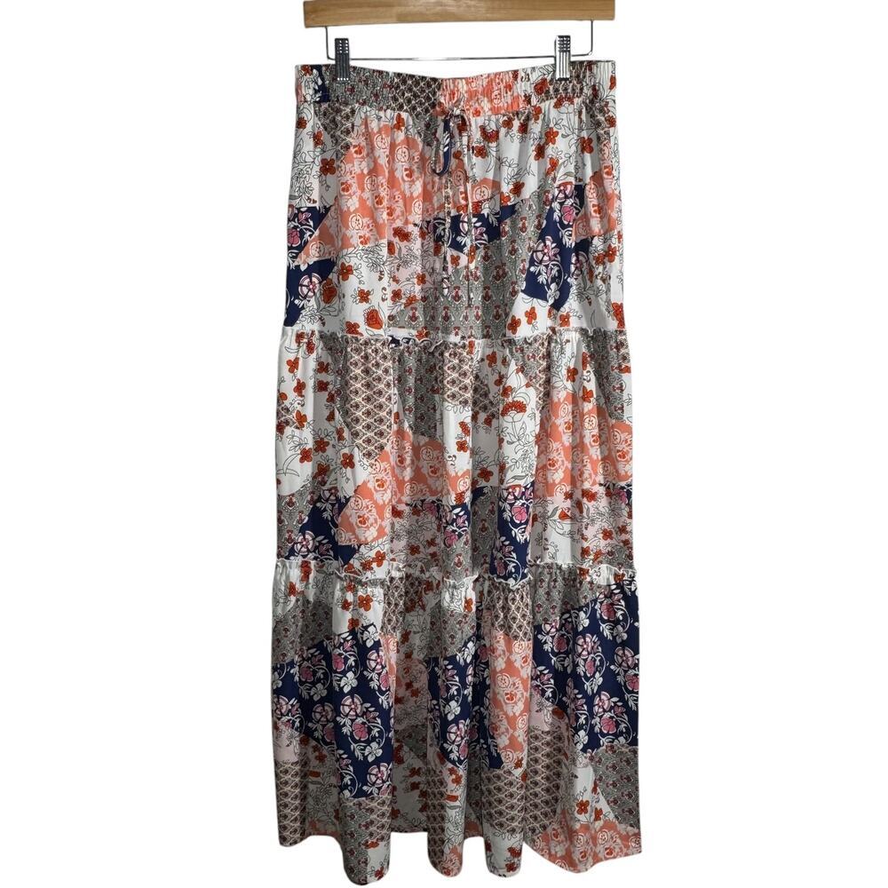 Boho Patchwork Maxi Skirt in Coral and Navy